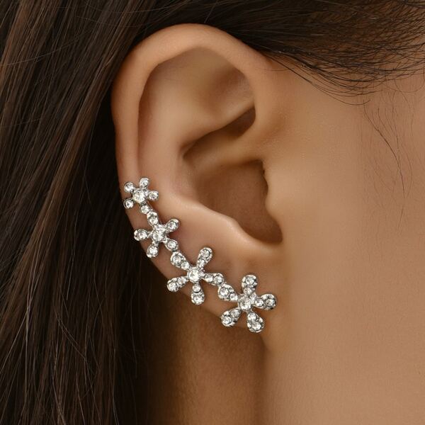 

1pc Rhinestone Flower Decor Earring, Silver