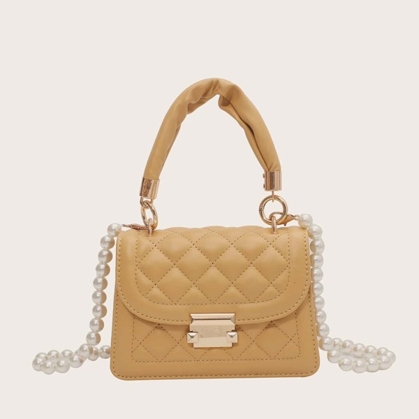 

Metal Lock Quilted Satchel Bag, Mustard yellow