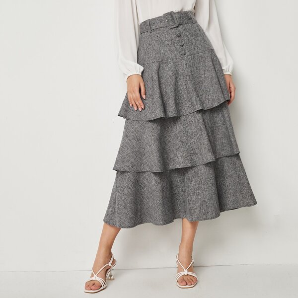 

Buckle Belted Layered Ruffle Hem Skirt, Grey