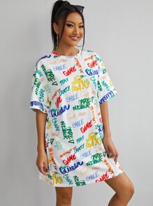 SHEIN EZwear Drop Shoulder Allover Letter Graphic Dress - Multicolor - View 2