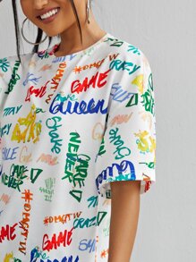 SHEIN EZwear Drop Shoulder Allover Letter Graphic Dress - Multicolor - View 5