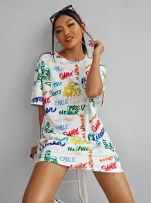 SHEIN EZwear Drop Shoulder Allover Letter Graphic Dress - Multicolor - View 1