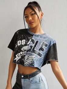SHEIN 老鷹和字母圖案破洞短版上衣 - 彩色 - 查看 2