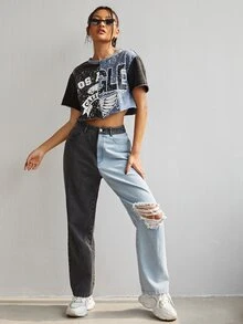 SHEIN 老鷹和字母圖案破洞短版上衣 - 彩色 - 查看 4
