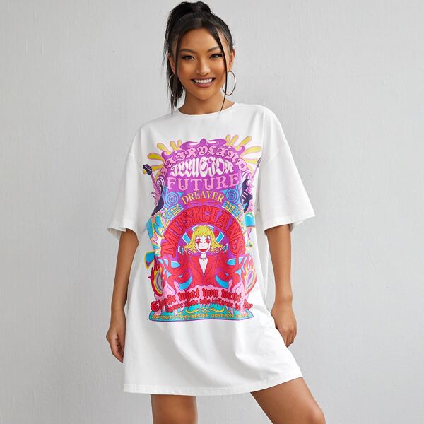 

Drop Shoulder Figure & Letter Graphic Tee Dress, White