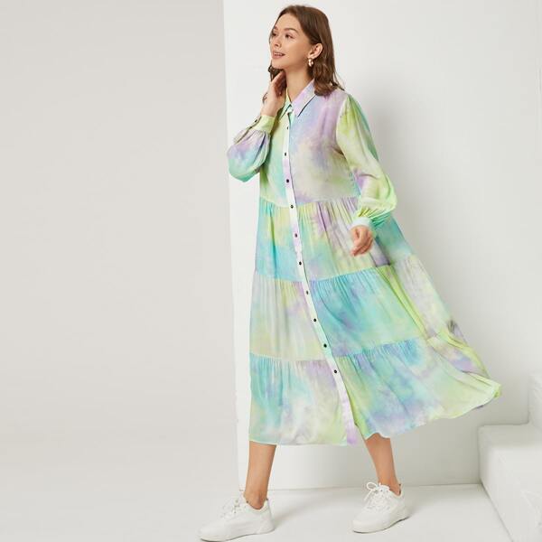 

Single Breasted Ruffle Hem Tie Dye Dress, Multicolor