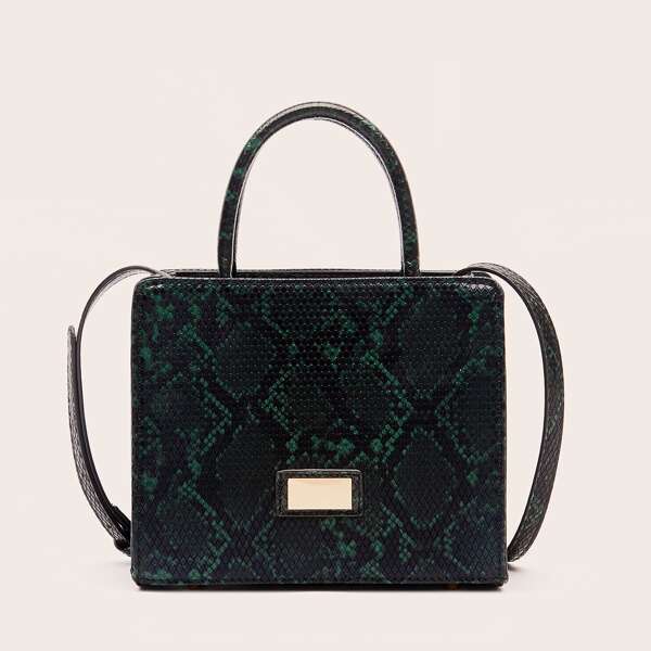 

Snakeskin Print Satchel Bag, Green