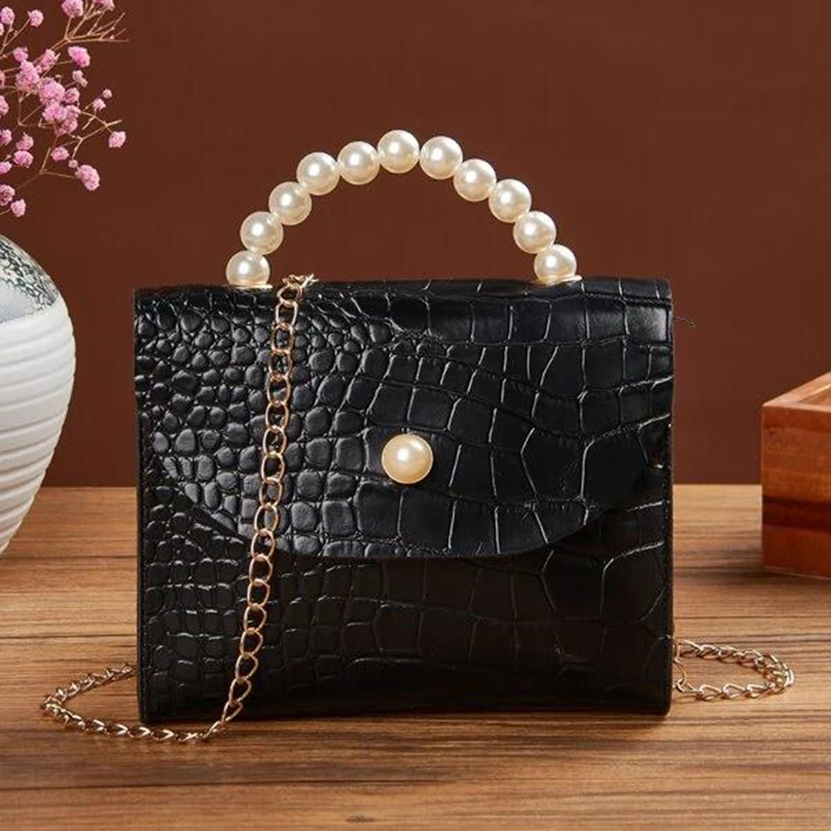 

Faux Pearl Handle Croc Embossed Satchel Bag, Black