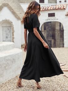 Solid Elastic Waist A-line Dress - Black - View 2