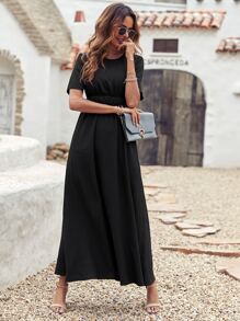 Solid Elastic Waist A-line Dress - Black - View 5