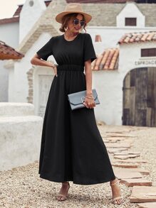 Solid Elastic Waist A-line Dress - Black - View 6