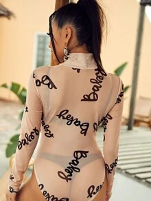 Letter Graphic Mesh Cover Up Bodysuit