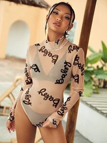 Letter Graphic Mesh Cover Up Bodysuit