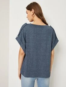 SHEIN Roll Tab Sleeve Solid Top - Dusty Blue - View 2