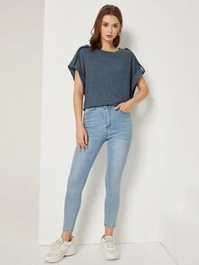 SHEIN Roll Tab Sleeve Solid Top - Dusty Blue - View 5