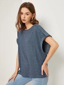 SHEIN Roll Tab Sleeve Solid Top - Dusty Blue - View 4