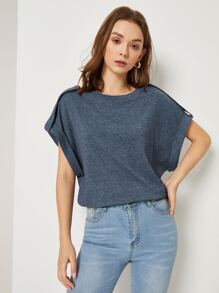 SHEIN Roll Tab Sleeve Solid Top - Dusty Blue - View 3