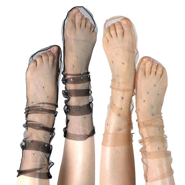 

2pairs Star Decor Mesh Crew Socks, Multicolor