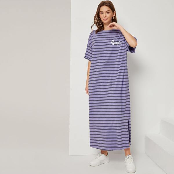 

Slit Hem Letter Graphic Striped Tee Dress, Purple