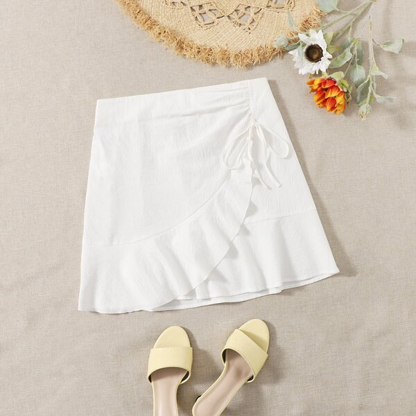 

Plus Solid Wrap Ruffle Knot Skirt, White