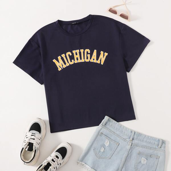 

Plus Letter Graphic Round Neck Tee, Navy blue