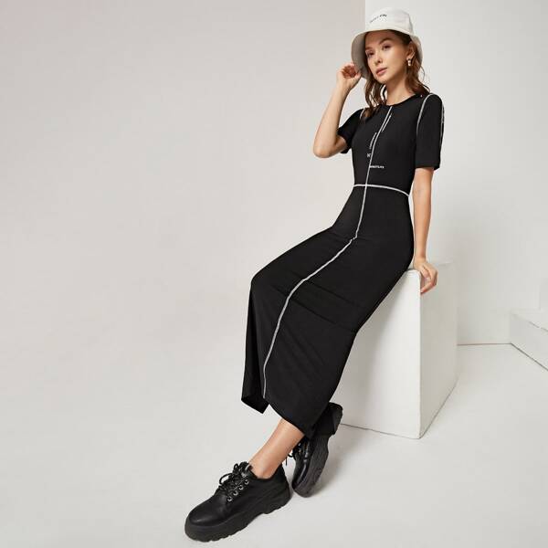 

Contrast Stitch Letter Graphic Dress, Black