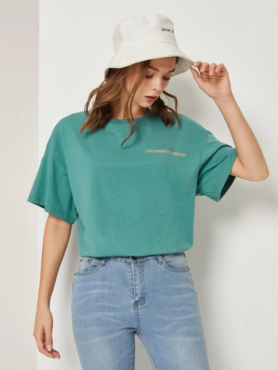 SHEIN Drop Shoulder Letter Embroidery Top - Green - View 1