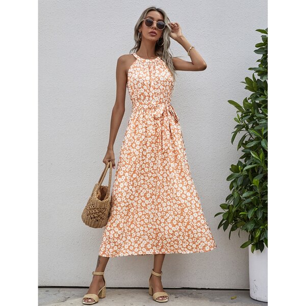 

Allover Floral Belted Halter Dress, Multicolor
