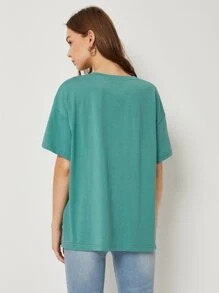 SHEIN Drop Shoulder Letter Embroidery Top - Green - View 2
