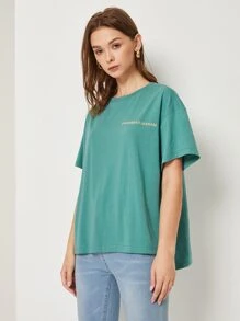 SHEIN Drop Shoulder Letter Embroidery Top - Green - View 3