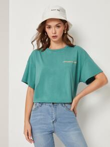 SHEIN Drop Shoulder Letter Embroidery Top - Green - View 4