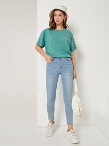 SHEIN Drop Shoulder Letter Embroidery Top - Green - View 5
