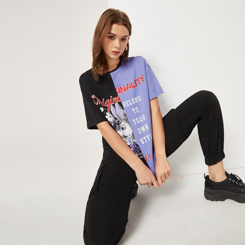 

Letter and Rabbit Print Two Tone Top, Multicolor