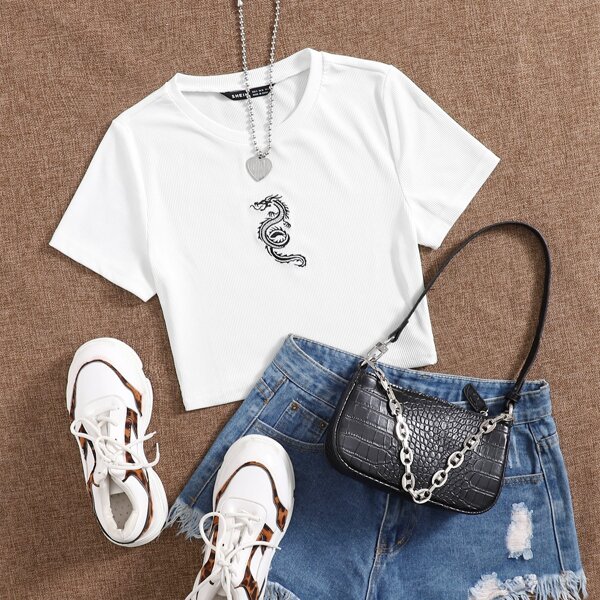 

Chinese Dragon Embroidery Ribbed Tee, White