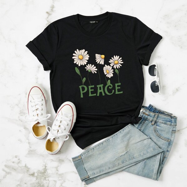 

Plus Letter And Floral Print Tee, Black