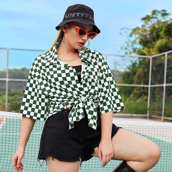 

Plus Checkerboard Drop Shoulder Oversized Blouse, Multicolor
