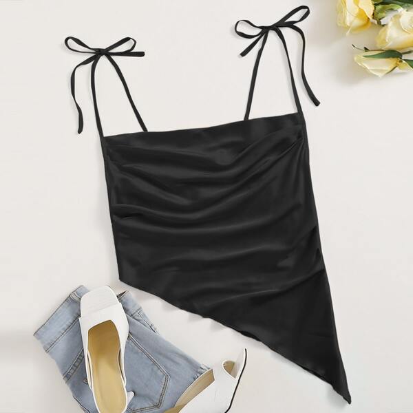 

Knot Straps Ruched Asymmetrical Hem Satin Cami Top, Black