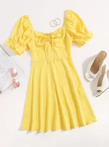 Soleia Vestido de puño fruncido con cordón delantero con estampado de planta - Amarillo - Ver 1