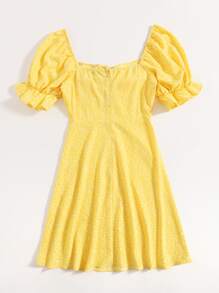 Soleia Vestido de puño fruncido con cordón delantero con estampado de planta - Amarillo - Ver 2