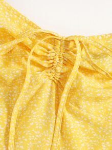 Soleia Vestido de puño fruncido con cordón delantero con estampado de planta - Amarillo - Ver 3