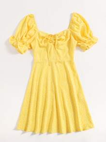 Soleia Vestido de puño fruncido con cordón delantero con estampado de planta - Amarillo - Ver 4