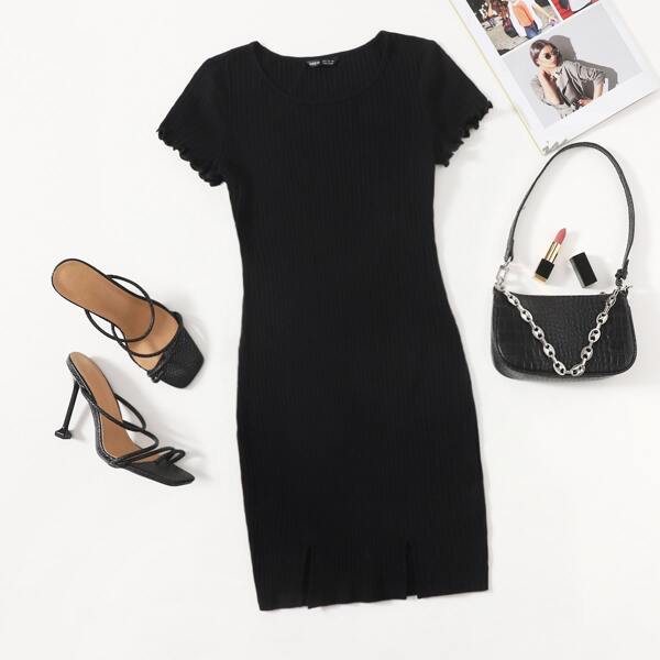 

Lettuce Trim M-slit Hem Bodycon Dress, Black