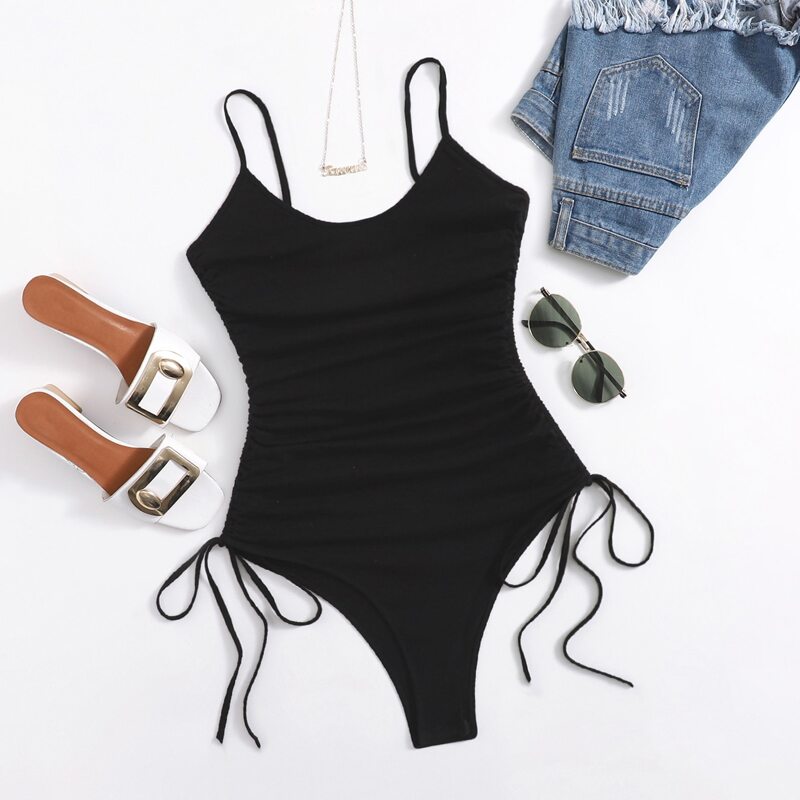 

Ruched Drawstring Side Cami Bodysuit, Black