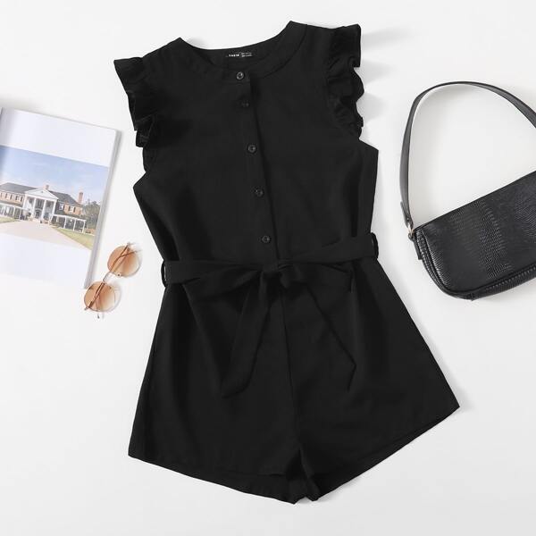 

Buttoned Front Ruffle Trim Self Belted Romper, Black