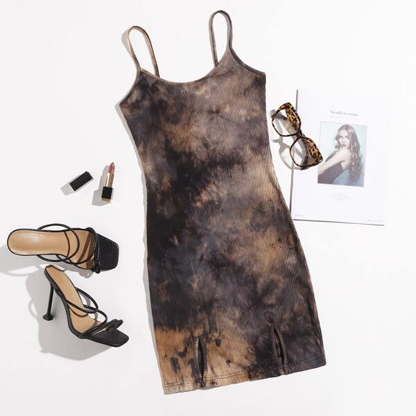 

M-slit Hem Rib-knit Tie Dye Dress, Multicolor