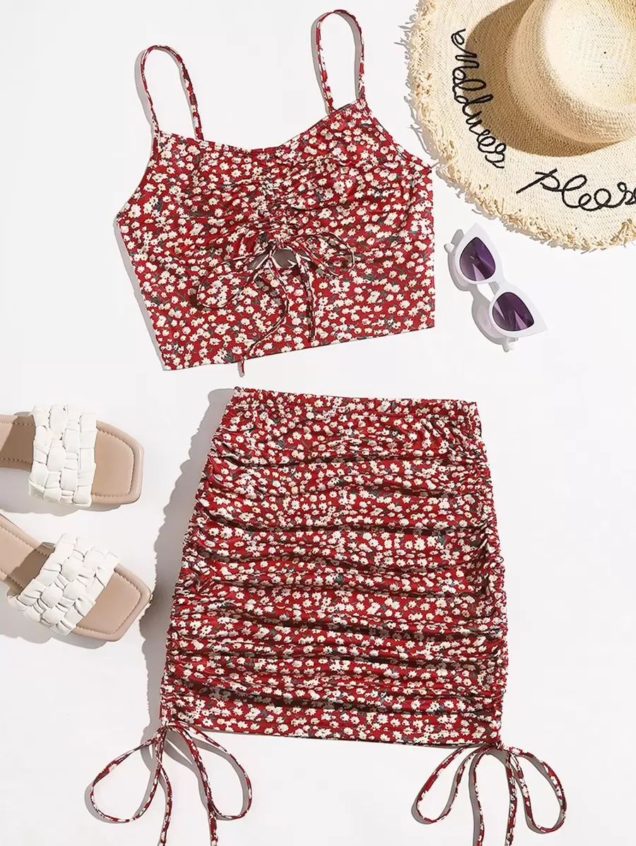 Soleia Drawstring Knot Cut Out Front Ditsy Floral Cami Top & Ruched Skirt Set - Red - View 1