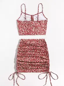Soleia Drawstring Knot Cut Out Front Ditsy Floral Cami Top & Ruched Skirt Set - Red - View 2