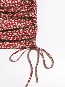 Soleia Drawstring Knot Cut Out Front Ditsy Floral Cami Top & Ruched Skirt Set - Red - View 4