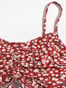 Soleia Drawstring Knot Cut Out Front Ditsy Floral Cami Top & Ruched Skirt Set - Red - View 5