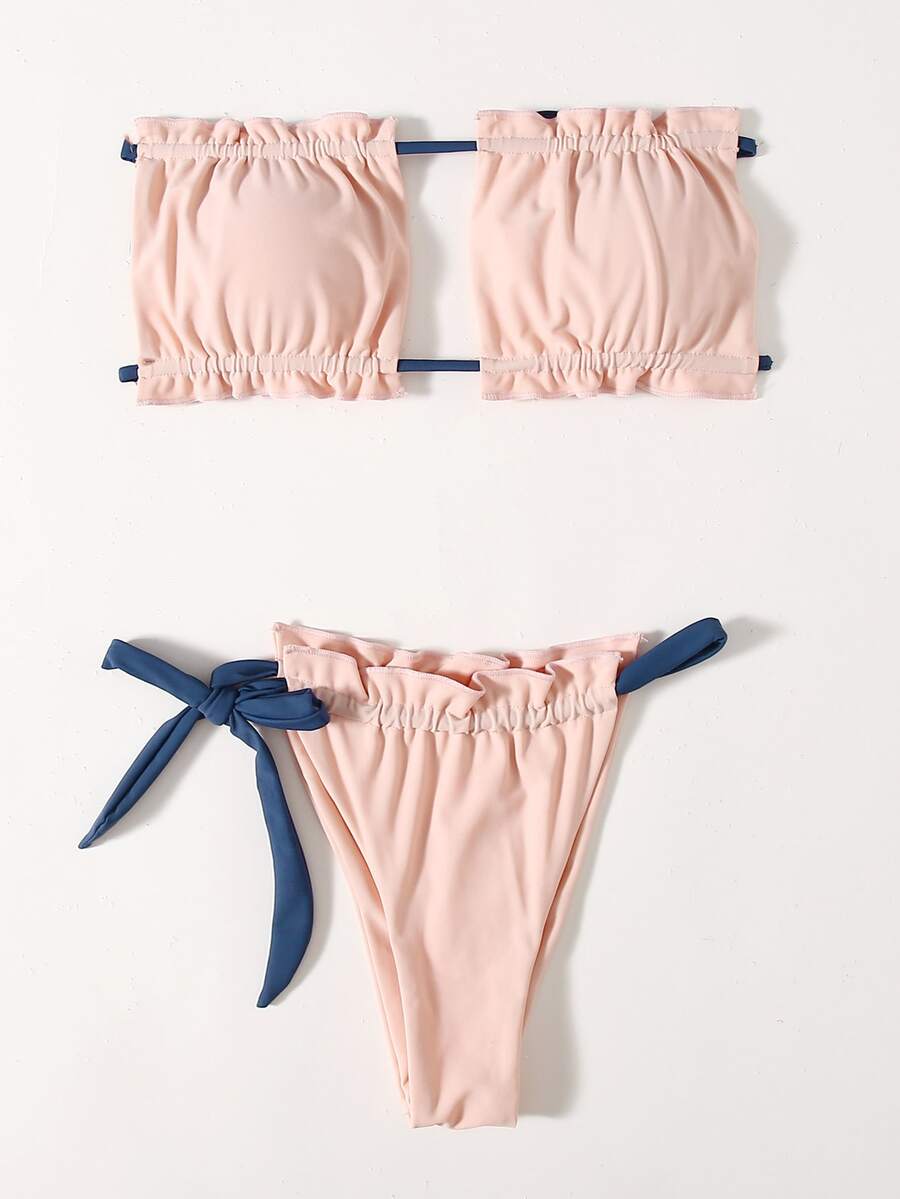 Ruched Frill Bandeau Thong Bikini Set - Baby Pink - View 1